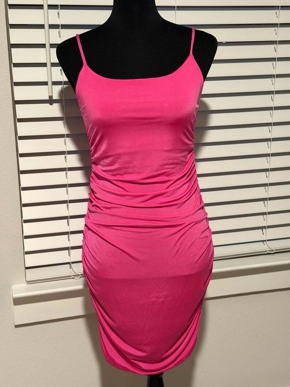 Love J Neon Pink Spaghetti Strap Ruched Bodycon Mini Dress